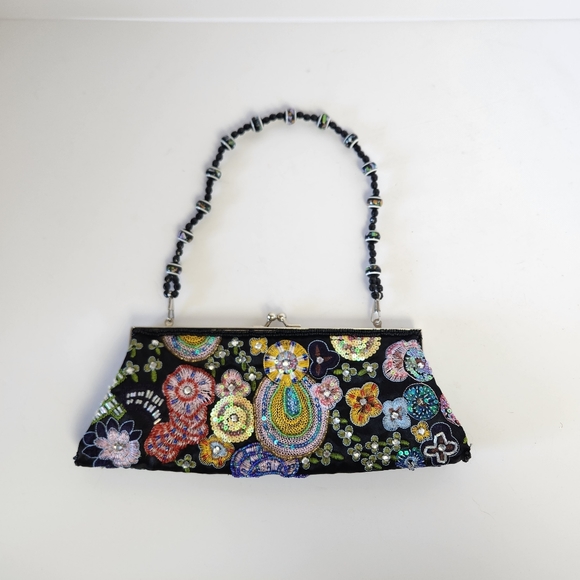 ❤️Sold!❤️ Vintage Black Embroidered Beaded Sequins Evening Bag Clutch Purse Y2K - Picture 8 of 10